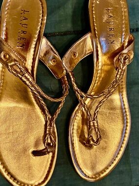 Lauren Ralph Lauren Metallic Gold Braided Toe-Loop Sandals- Size 10